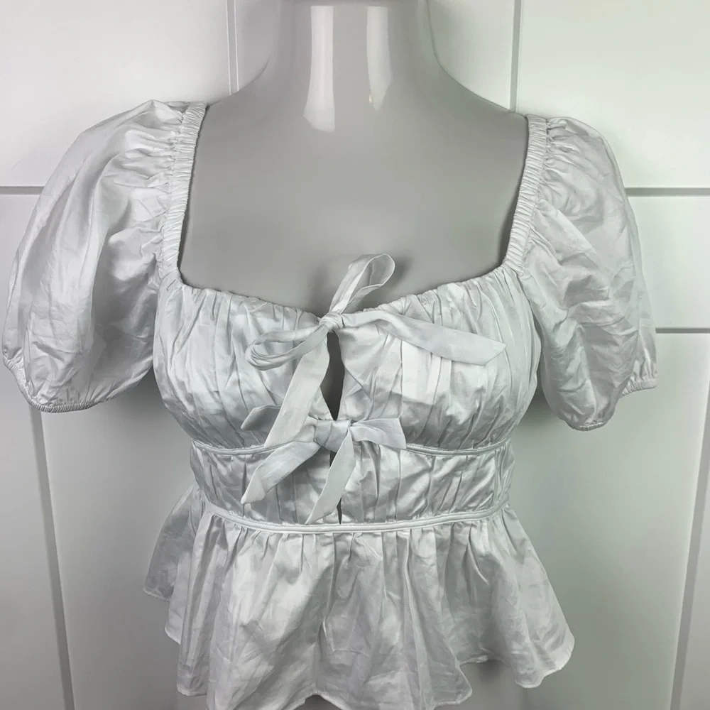 ASTR Medium White Blouse Puff Sleeve Milkmaid Coquette Romantic Bows